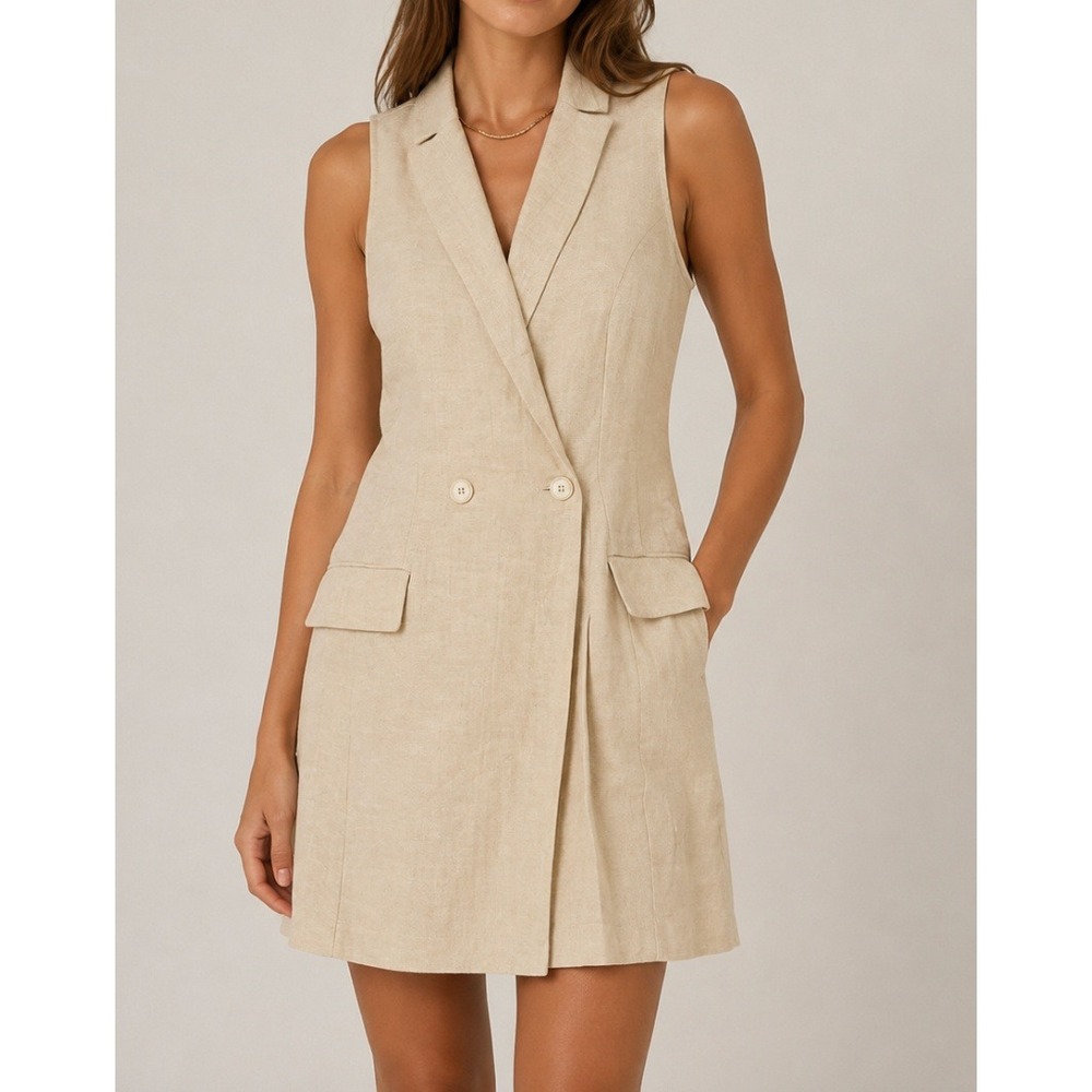 NEW Antonelli Firenze Helen Linen Sleeveless Blazer Mini Dress Beige Italy IT42